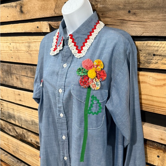 70s Women’s Osh Kosh B’Gosh Boho Embroidered Chambray Lace Detail Shirt large‎ - Picture 3 of 12